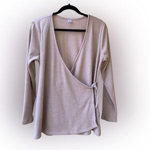 Old Navy Beige Ribbed V-Neck Faux Wrap Womens XL Sweater, Midlength Long Sleeve